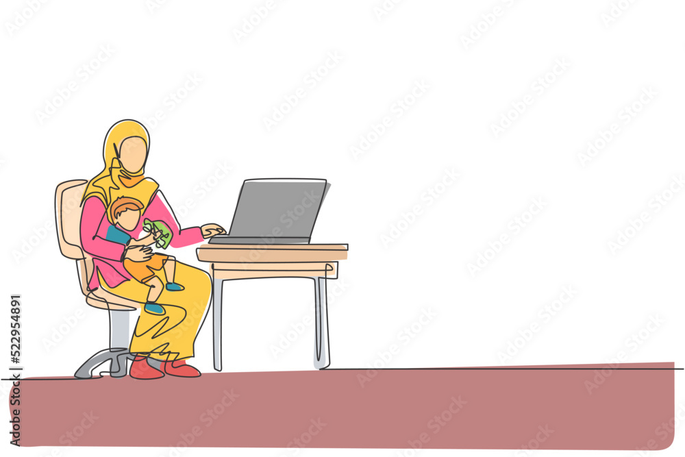 Single continuous line drawing of young Islamic mother typing on laptop work from home while hugging her son. Arabian muslim happy family motherhood concept. One line draw design vector illustration Single continuous line drawing of young Islamic mother typing on laptop work from home while hugging her son. Arabian muslim happy family motherhood concept. One line draw design vector illustration