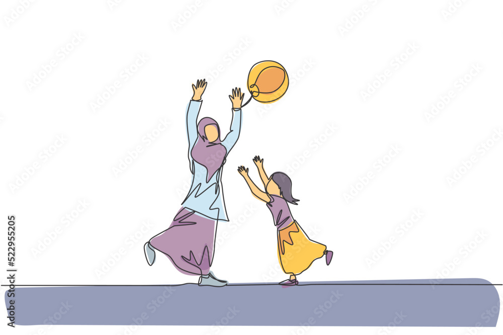 One single line drawing of young Arabian mother and daughter playing beach ball together at park vector illustration. Happy Islamic muslim family parenting concept. Modern continuous line draw design One single line drawing of young Arabian mother and daughter playing beach ball together at park vector illustration. Happy Islamic muslim family parenting concept. Modern continuous line draw design