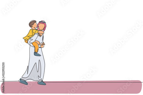 Single continuous line drawing of young Arabian father talk to son while carry on with piggyback style. Islamic muslim happy family fatherhood concept. Trendy one line draw design vector illustration