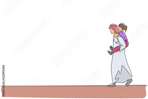 One single line drawing of young Arabian dad talking while piggyback carry her daughter at park vector illustration. Happy Islamic muslim family parenting concept. Modern continuous line draw design