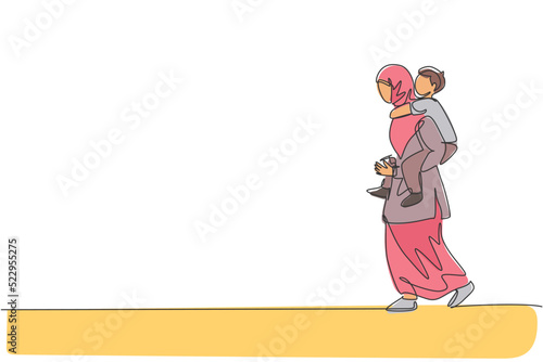 One single line drawing of young Arabian mother talking to her son while carry on piggyback vector illustration. Happy Islamic muslim family parenting concept. Modern continuous line draw design