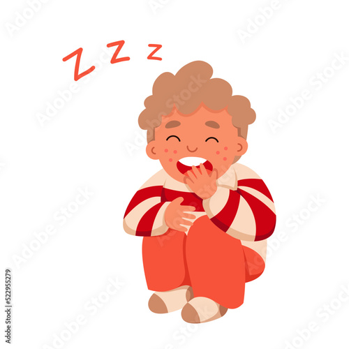 Sleepy boy sitting with yawn vector illustration. Cartoon isolated tired kid yawning with funny expression and open mouth, lazy bored child feeling fatigue and boredom, exhausted young person