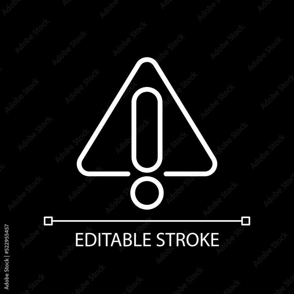 Warning sign white linear icon for dark theme. Danger and risk awareness. Important information. Thin line illustration. Isolated symbol for night mode. Editable stroke. Arial font used Warning sign white linear icon for dark theme. Danger and risk awareness. Important information. Thin line illustration. Isolated symbol for night mode. Editable stroke. Arial font used