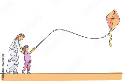 One continuous line drawing of young Arabian dan nad daughter flying kite together at outdoor field. Happy Islamic muslim parenting family concept. Dynamic single line draw design vector illustration