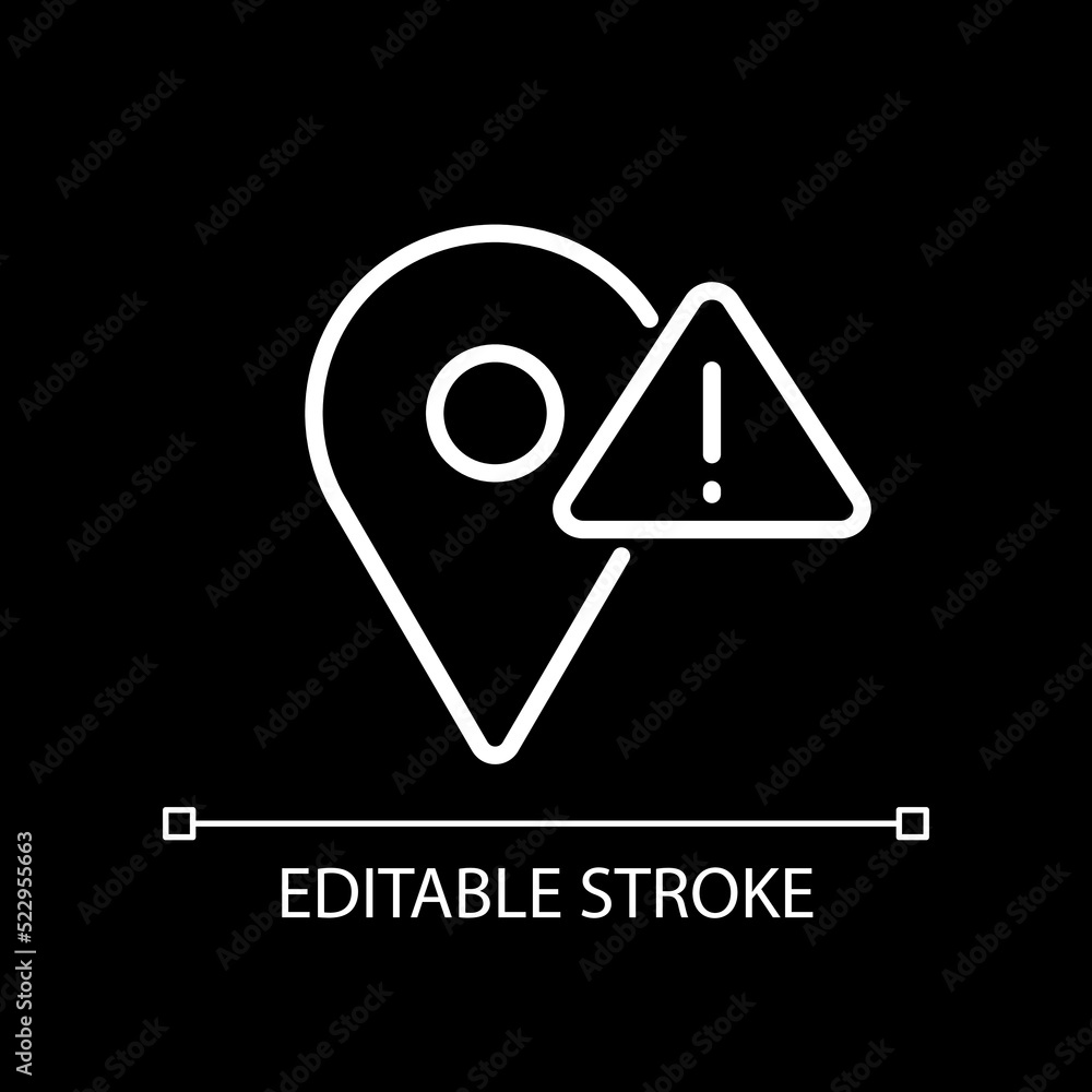 Location error white linear icon for dark theme. Navigation system failure. Address searching issue. Thin line illustration. Isolated symbol for night mode. Editable stroke. Arial font used Location error white linear icon for dark theme. Navigation system failure. Address searching issue. Thin line illustration. Isolated symbol for night mode. Editable stroke. Arial font used