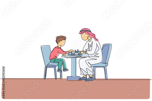 One single line drawing of young Arabian father and son seriously playing chess together at home vector illustration. Happy Islamic muslim family parenting concept. Modern continuous line draw design