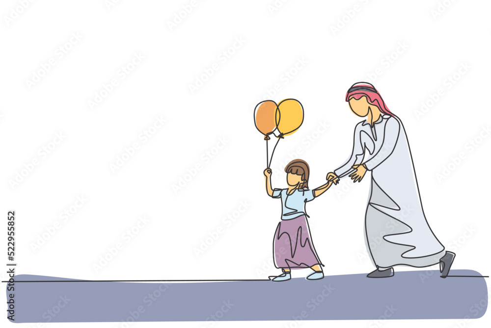 Obraz premium One single line drawing of young Islamic dad holding daughter's hand who hold balloon at park vector illustration. Happy Arabian muslim family parenting concept. Modern continuous line draw design