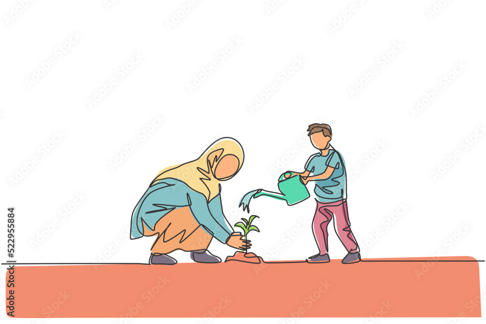 One single line drawing of young Islamic mother and her son planting a