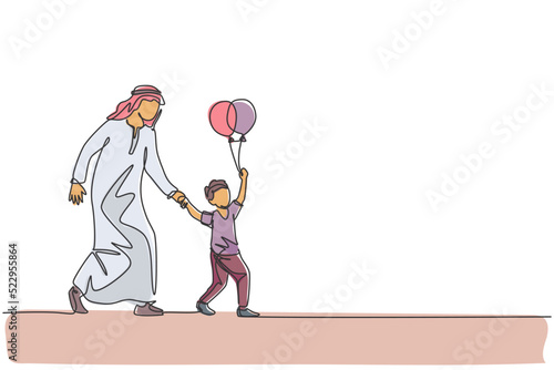 One single line drawing of young Islamic father accompany his son who hold balloon to play at amusement park vector illustration. Arabian muslim family parenting concept. Continuous line draw design