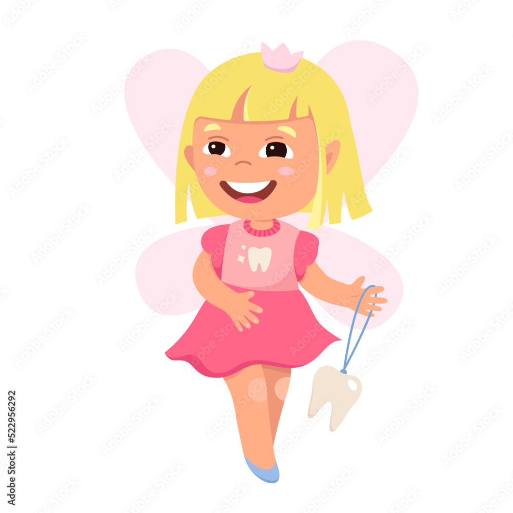 Visit of tooth fairy to baby vector illustration. Cartoon isolated little cute godmother with pink wings, crown and dress holding lost molar on rope, fantasy character flying for teeth protection Visit of tooth fairy to baby vector illustration. Cartoon isolated little cute godmother with pink wings, crown and dress holding lost molar on rope, fantasy character flying for teeth protection