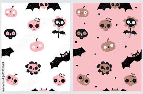 Funny Halloween Party Seamless Vector Pattern with Cute Hand Drawn Kawaii Style Bats, Pumpkins and  Skulls on a White and Pink Background. Infantile Style Halloween Print ideal for Wrapping Paper.
