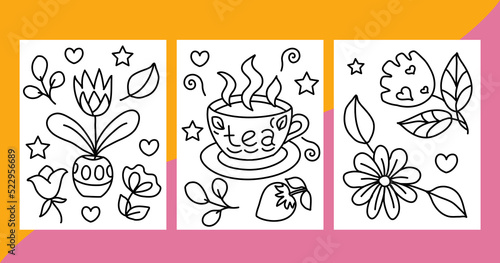 Collection of coloring pages. Summer drawings, happy smiles, plants, flowers. Hand drawn coloring for kids and adults. Beautiful simple drawings with patterns. Coloring book pictures. Vector set