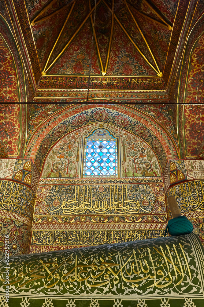 Mevlana mausoleum and tomb landmark interior in Konya. Anatolia, Turkey