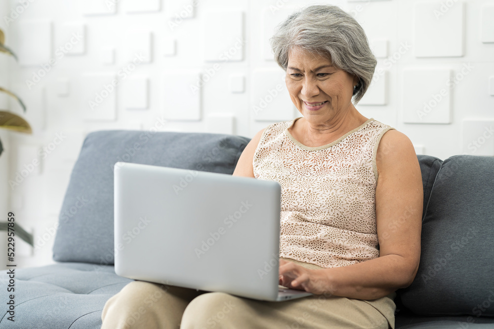 Elderly asian woman typing laptop computer while sitting on sofa at home Elderly asian woman typing laptop computer while sitting on sofa at home