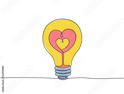 Single continuous line drawing of lightbulb with love heart shaped for cupid company logo label. Power romantic logotype symbol template concept. Dynamic one line draw graphic vector illustration