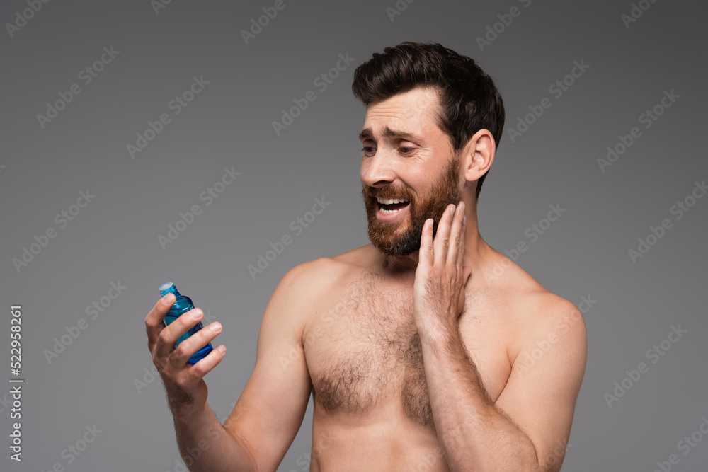Fototapeta premium bearded and shirtless man holding bottle with after shave product isolated on grey.