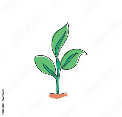 One single line drawing of natural green organic plantation for farming logo identity. Plant bud ecology icon concept from growth leaf shape. Trendy continuous line draw design vector illustration