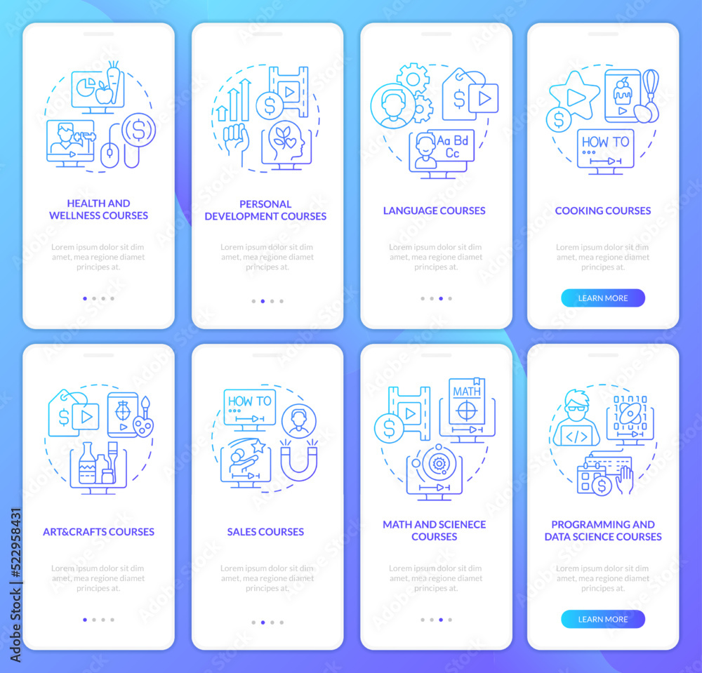 Online education fields blue gradient onboarding mobile app screen set. Walkthrough 4 steps graphic instructions with linear concepts. UI, UX, GUI template. Myriad Pro-Bold, Regular fonts used