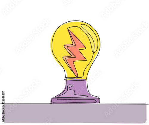 Single continuous line drawing of shine light bulb with thunder bolt inside logo label. Power up electricity icon label concept. Trendy one line draw graphic design vector aillustration