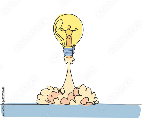 Single continuous line drawing of smart bright light bulb take off flying to the space logo label. Rocket bulb company icon label concept. Modern one line draw graphic design vector illustration
