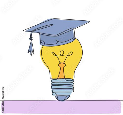 One single line drawing of light bulb wearing graduation hat logo identity. Smart education academy logotype icon template concept. Dynamic continuous line draw design graphic vector illustration