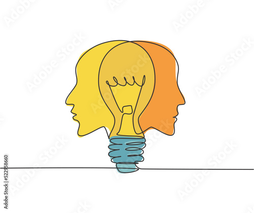 Single continuous line drawing of twin human face with light bulb in the middle logo label. Psychology mind inspiration icon label concept. Trendy one line draw graphic design vector illustration