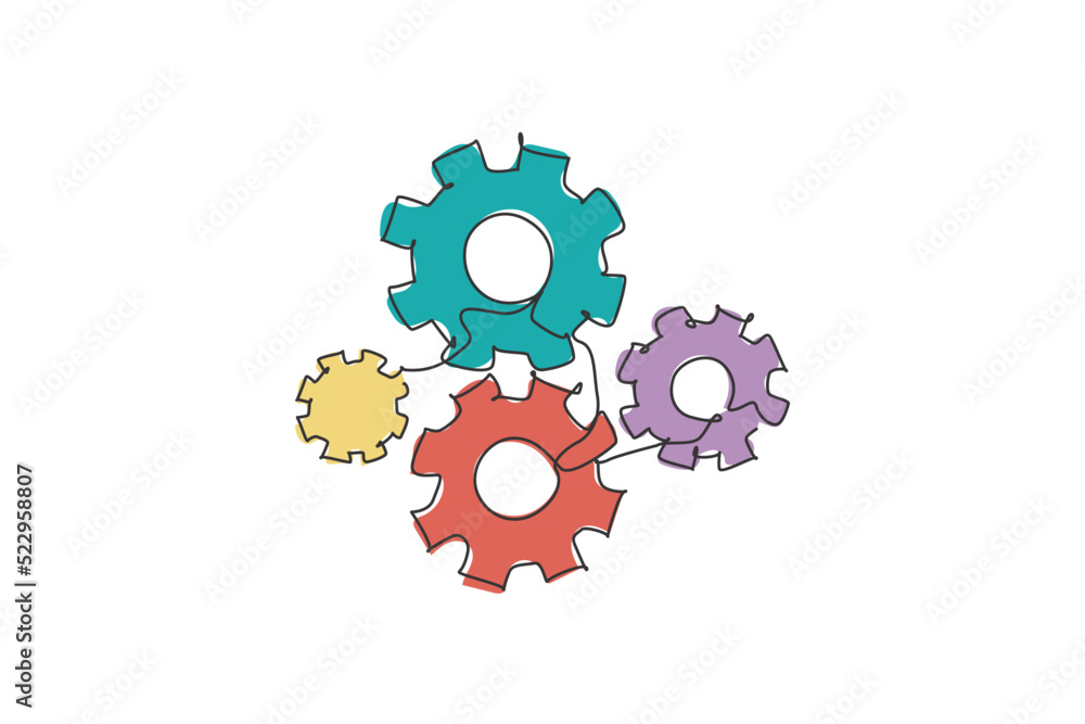 Single continuous line drawing of metal wheel round gear for machinery office logo label. Mechanical company logotype icon concept. Modern one line draw graphic design vector illustration Single continuous line drawing of metal wheel round gear for machinery office logo label. Mechanical company logotype icon concept. Modern one line draw graphic design vector illustration