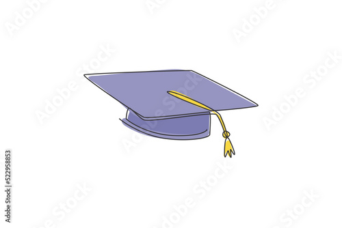 One single line drawing of graduation cap logo identity. Academical graduating ceremony equipment icon logotype concept. Dynamic continuous line draw design vector illustration