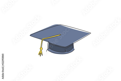 One continuous line drawing of graduation cap for graduating ceremony equipment logo icon. University grad uniform logotype symbol template concept. Trendy single line draw design vector illustration