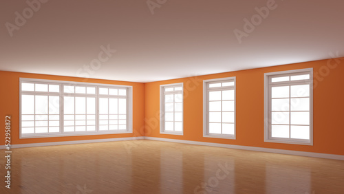 Corner of the Room with Orange Walls  Four Windows  Light Glossy Parquet Flooring and a White Plinth. Perspective View. 3d rendering with a Work Path on the Windows. 8K Ultra HD  7680x4320  300 dpi