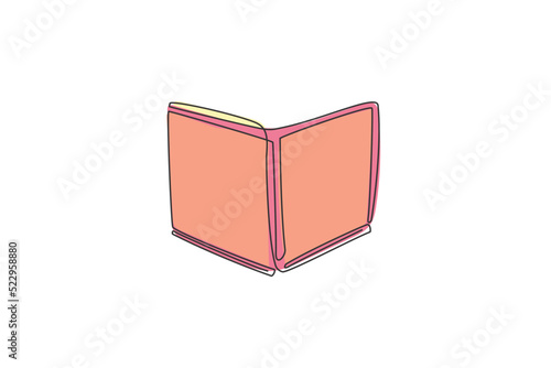 Single continuous line drawing of open textbook for publishing company logo label. Educational handbook logotype icon concept. Modern one line draw graphic design vector illustration