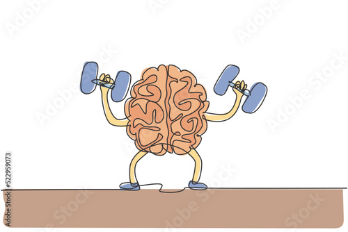 One continuous line drawing of healthy strong human brain raised dumbbell for fitness center logo icon. Smart health logotype symbol template concept. Single line draw design vector illustration