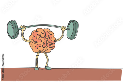 Single continuous line drawing of strong muscular human brain lifting barbell logo label. Fresh smart health character logotype icon concept. Modern one line draw graphic design vector illustration