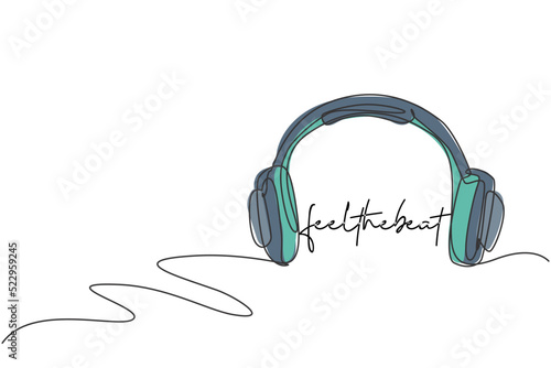 Single continuous line drawing of headphone radio with long wire logo label. Musical audio company logotype icon concept. Modern one line draw graphic design vector illustration