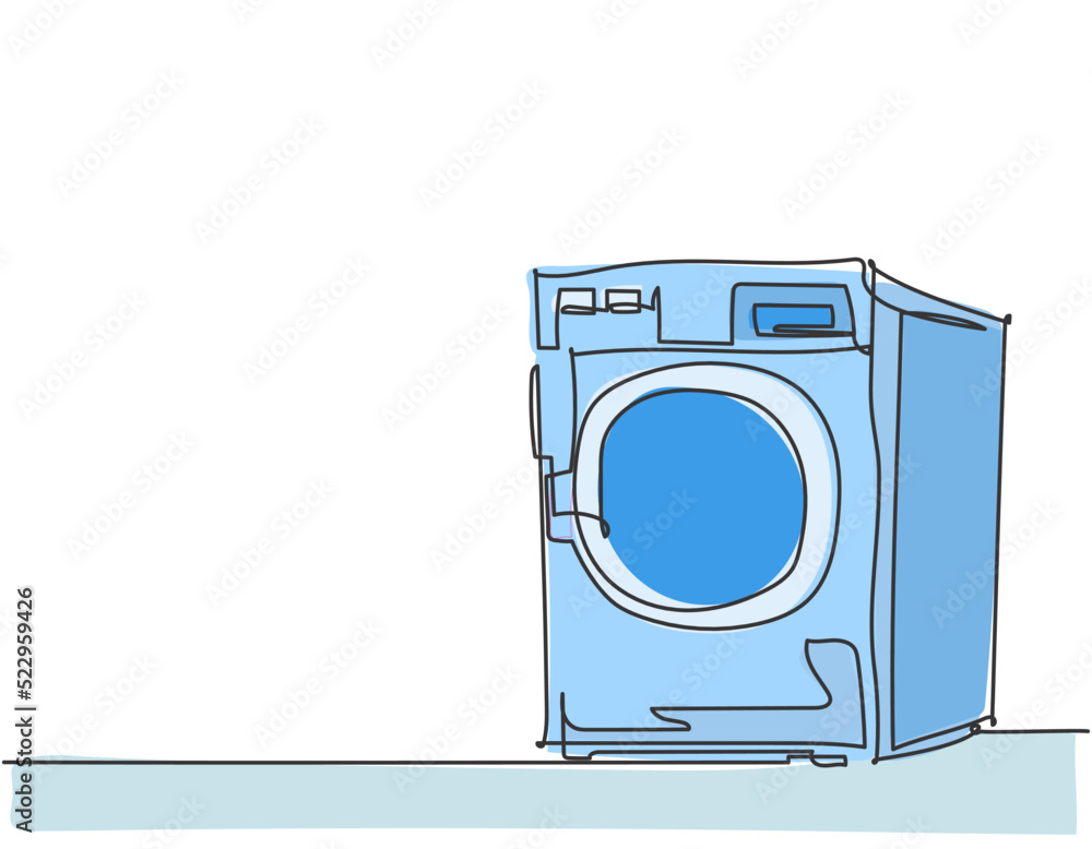 One single line drawing of front door washing machine home appliance. Electricity laundromat equipment tools concept. Dynamic continuous line graphic draw design illustration