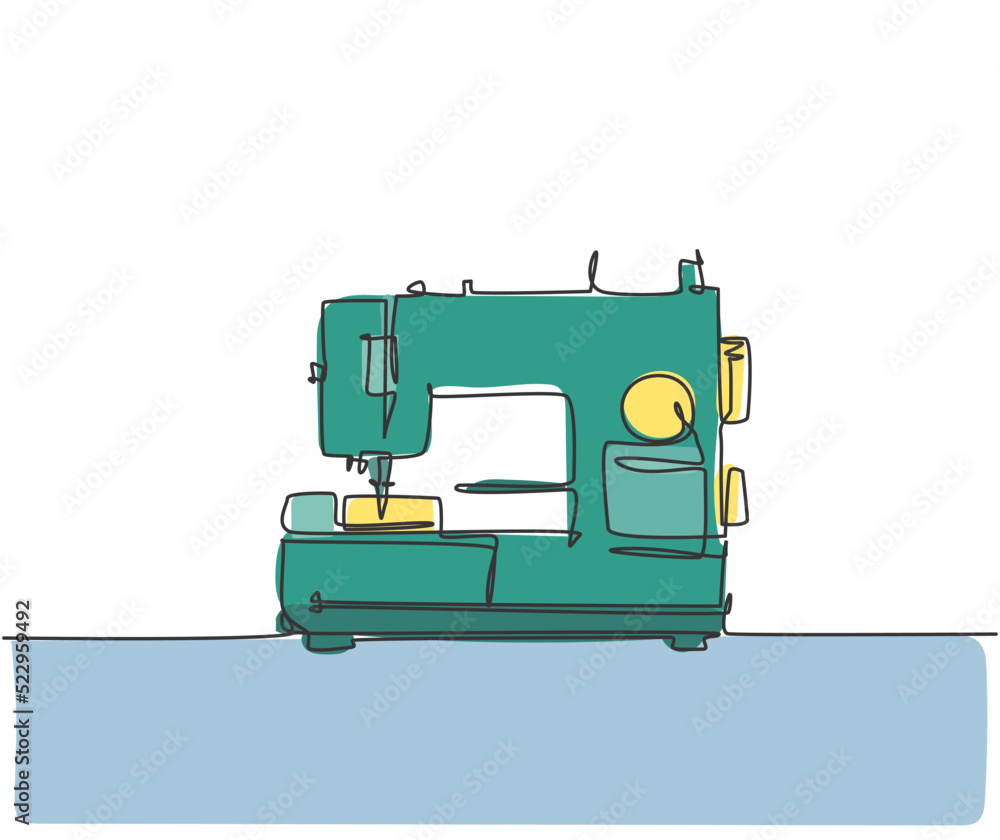 One single line drawing of classic sewing machine home appliance for tailor equipment. Electricity textile factory tools concept. Dynamic continuous line graphic draw design illustration One single line drawing of classic sewing machine home appliance for tailor equipment. Electricity textile factory tools concept. Dynamic continuous line graphic draw design illustration