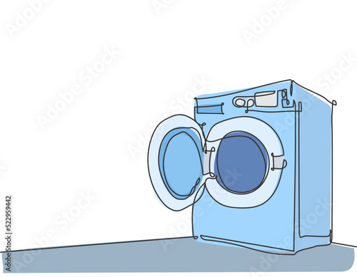 One continuous line drawing of open front door washing machine electric home appliance. Electricity household gadget template concept. Trendy single line draw design vector graphic illustration