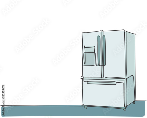One continuous line drawing of luxury three door refrigerator electric home appliance. Electricity household gadget template concept. Trendy single line draw design vector graphic illustration