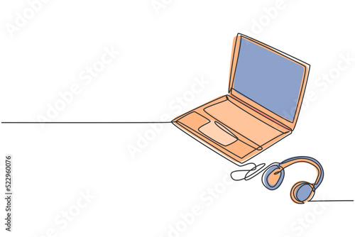 One single line drawing of thin laptop with headphone beside. Electricity home entertainment portable computer tools concept. Dynamic continuous line graphic draw vector design illustration