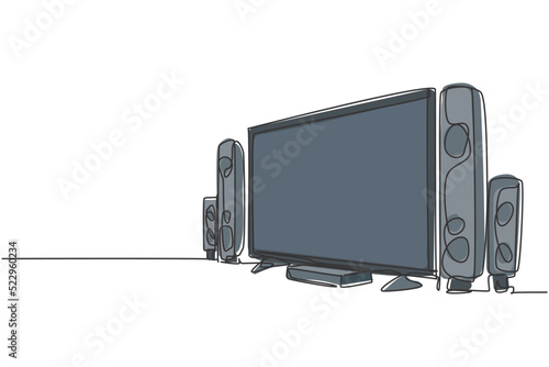 Single continuous line drawing of luxury expensive home theater with great speaker sound system. Electronic living room home appliance concept. Modern one line draw design graphic vector illustration