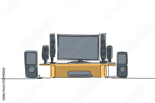 One continuous line drawing of luxury home theater home entertainment. Electricity living room furniture gadget template concept. Trendy single line draw design vector graphic illustration