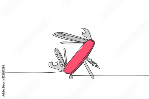 Single continuous line drawing of multi purpose pocket knife for outdoor camping equipment. Multi function tool hover concept. Modern one line draw design graphic vector illustration