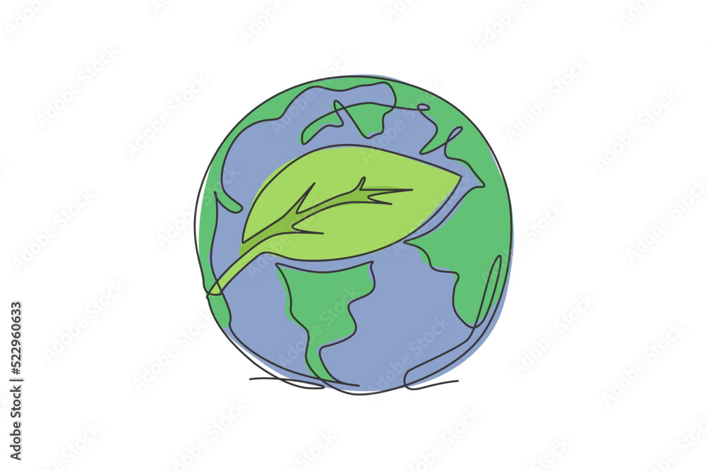 Single one line drawing of green leaf on globe earth. Leaf tree icon for green nature concept. Infographics, save environment campaign isolated on white background. Design vector graphic illustration