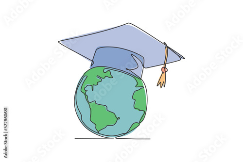 Graduation hat on earth globe. Single continuous line world global diploma graphic icon. One line draw doodle for education concept. Isolated vector illustration minimalist design on white background