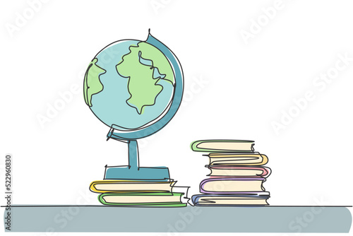 Single one line drawing of globe and stack of books. Earth and book graphic for education concept. Infographics, school presentation isolated on white background. Design vector illustration
