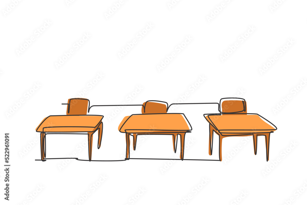 Single one line drawing of school chair and table inside a kindergarten classroom. Back to school minimalist, education concept. Continuous simple line draw style design graphic vector illustration Single one line drawing of school chair and table inside a kindergarten classroom. Back to school minimalist, education concept. Continuous simple line draw style design graphic vector illustration