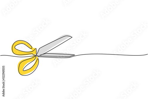 Single one line drawing of child plastic scissor. Craft tool. Back to school minimalist, education concept. Continuous simple line draw style design graphic vector illustration