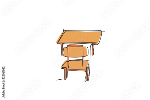 Single continuous line drawing of wooden school chair and table set. Back to school minimalist style. Education concept. Modern one line draw graphic design vector illustration