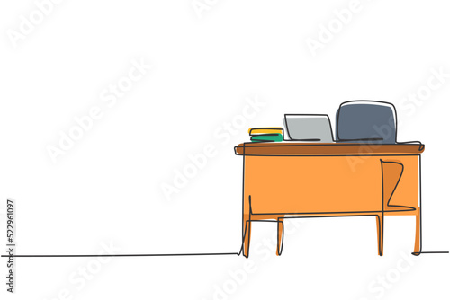 Single continuous line drawing of teacher chair and desk at school office. Back to school minimalist style. Education concept. Modern one line draw graphic design vector illustration