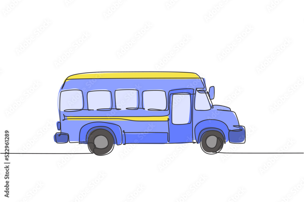 Single continuous line drawing of old elementary school bus vehicle. Back to school minimalist style. Transportation for education concept. Modern one line draw graphic design vector illustration